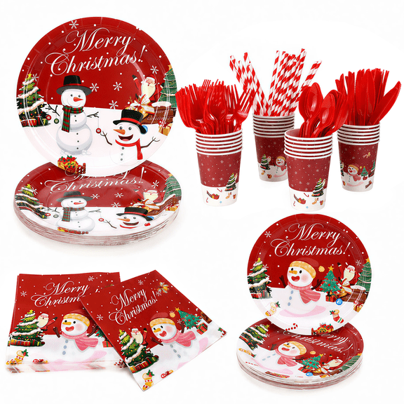 Christmas Disposable Tableware Set, 200 Count Serves 25 Guests, Paper Plates Cups Napkins Cutlery Straws, Xmas Holiday Birthday Family Dinner Party Supplies