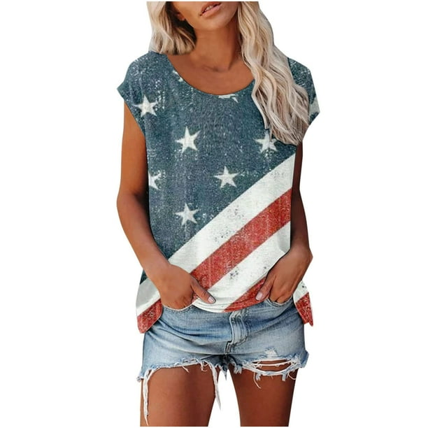 OAVQHLG3B 4th of July Outfits for Women American Flag T Shirt Round ...