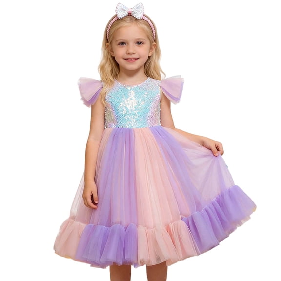Wuxian Girls Tutu Sequins Dress Ruffles Sleeveless Rainbow Glitter Tulle Long Dresses With Hairband Party Formal Gown Elegant Outfits,Pink,2-3 Years