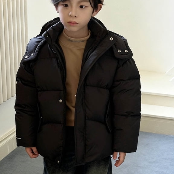 FSYBOA Boys Puffer Jacket Size 7T, Short Losses Fit Cotton Hooded Kids Long Sleeve Outerwear Black