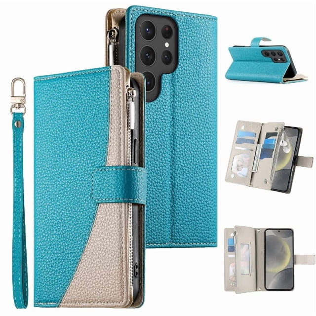 Funda cartera GANGXUN para Samsung Galaxy S25 Ultra , cuero PU con tarjetero, cremallera, correa de mano, soporte y protección 870°