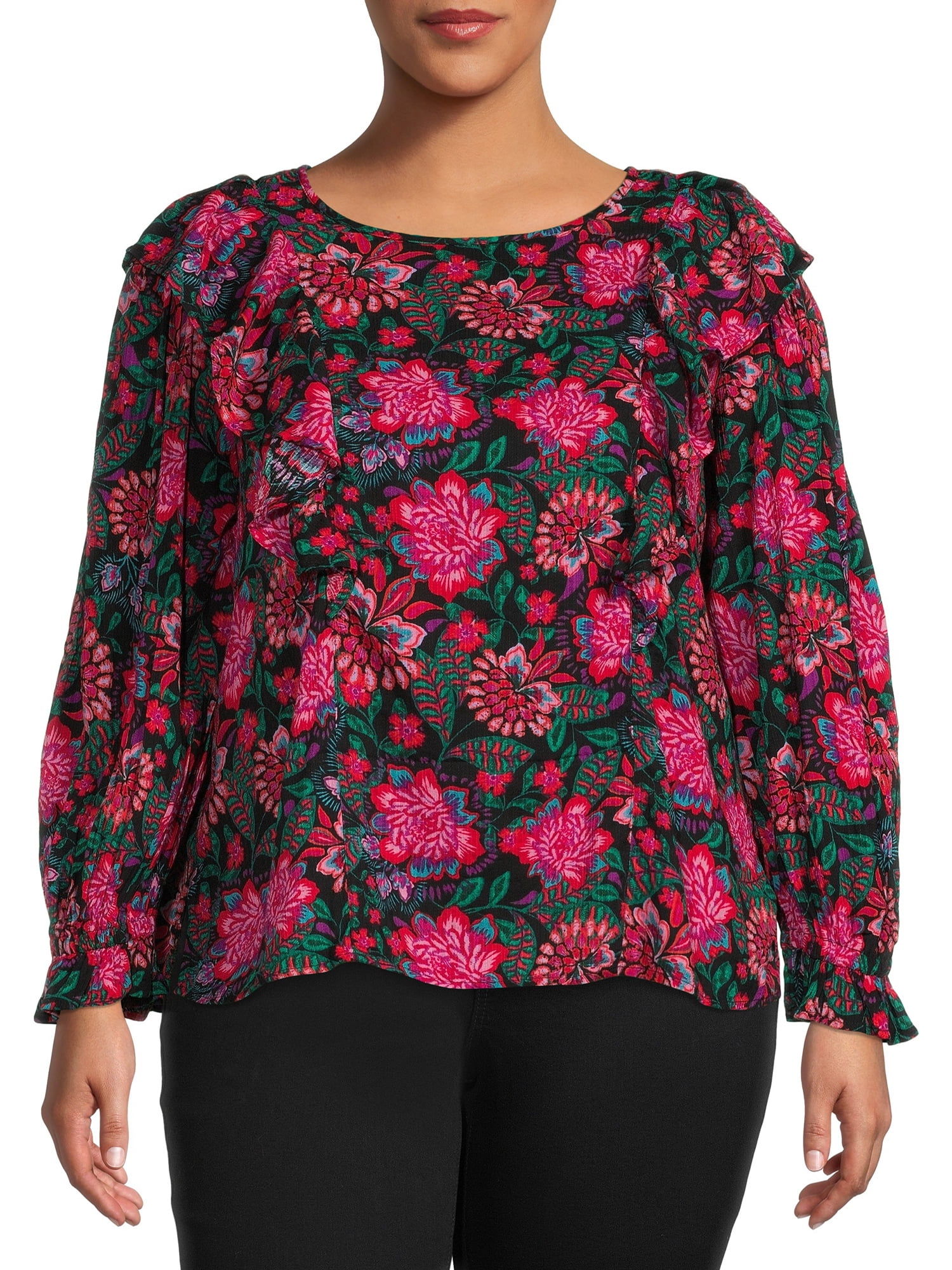 Terra & Sky Women's Plus Size Ruffled Print Top