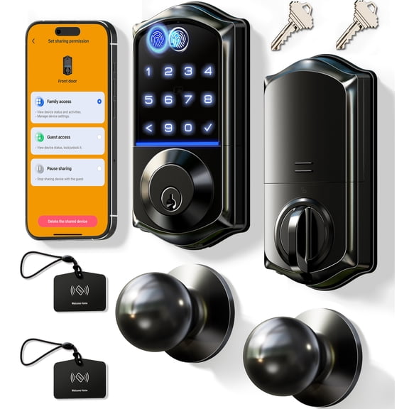 Veise VE017-K Fingerprint Smart Front Lock with Knob Set, APP, Matte Black | Remote Access Sharing, Fob Unlock, Touchscreen Keypad Deadbolt, Keyless Entry, Auto-Lock, Easy Install, Low Battery Alarm