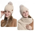 thumbnail image 5 of Xfvqtps Women Hat Scarf Glove Set Knit Plush Pompom Rib Solid Color Touchscreen Winter Warm Stretchy Extended Beanie Neck Warmer Gloves Set Beige, 5 of 6