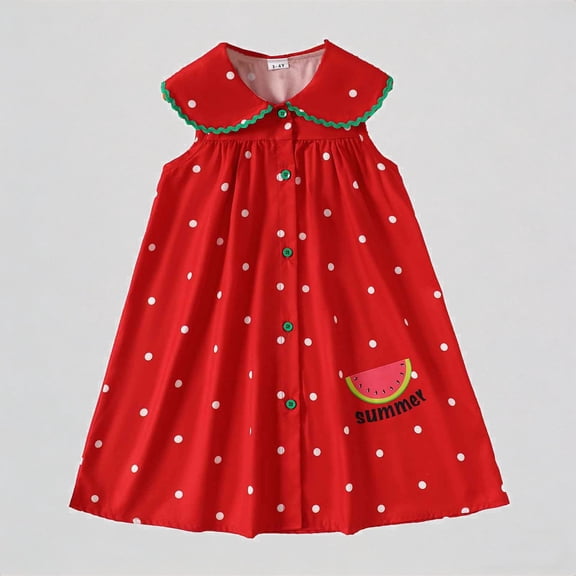REDARER Toddler Girls' Summer Sleeveless Polka Dot Dress with Watermelon Print & Flutter Collar Ruffle Trim Button Front Holiday Party Kids Outfit,3-4 Years