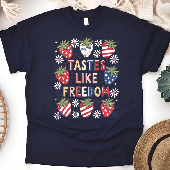 Patriotic Strawberry Shirt – Tastes Like Freedom Graphic Tee, Navy, Size S