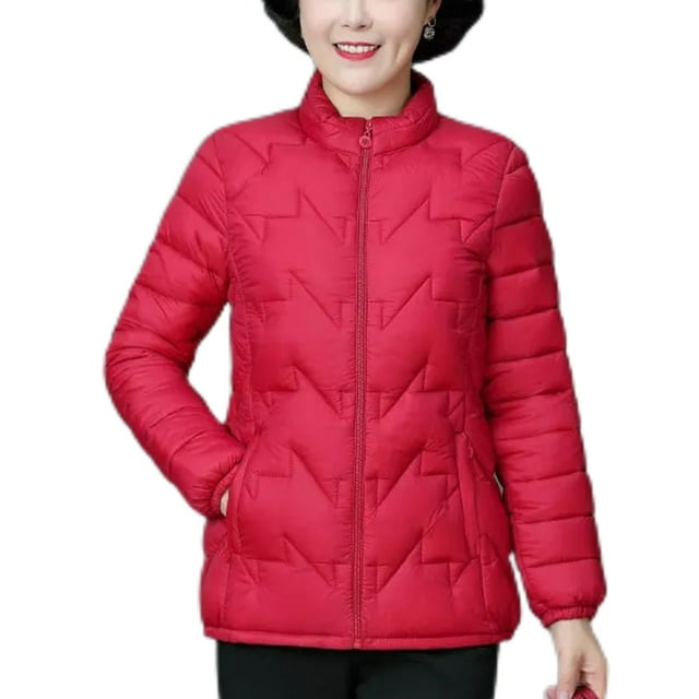 MAWCLOS Ladies Lightweight Solid Color Puffer Coats Winter With Pockets Down Jackets Big Red 3XL