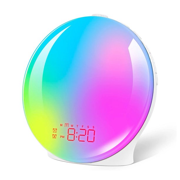 Simulación de luz de despertador colorida Amanecer Atardecer Reloj despertador electrónico LED Luz de ambiente RGB Luz de mesilla de noche Ruido blanco Luz para niños