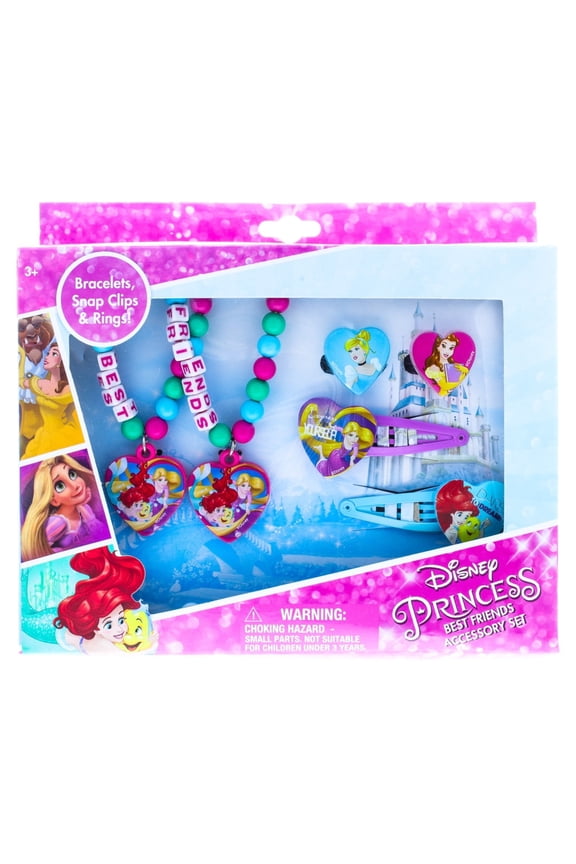 Princess 6pc Girls BFF Fashion Jewelry Hair Accessories Set with Bracelets Ring Hair Clips, Pink, Ages 3+