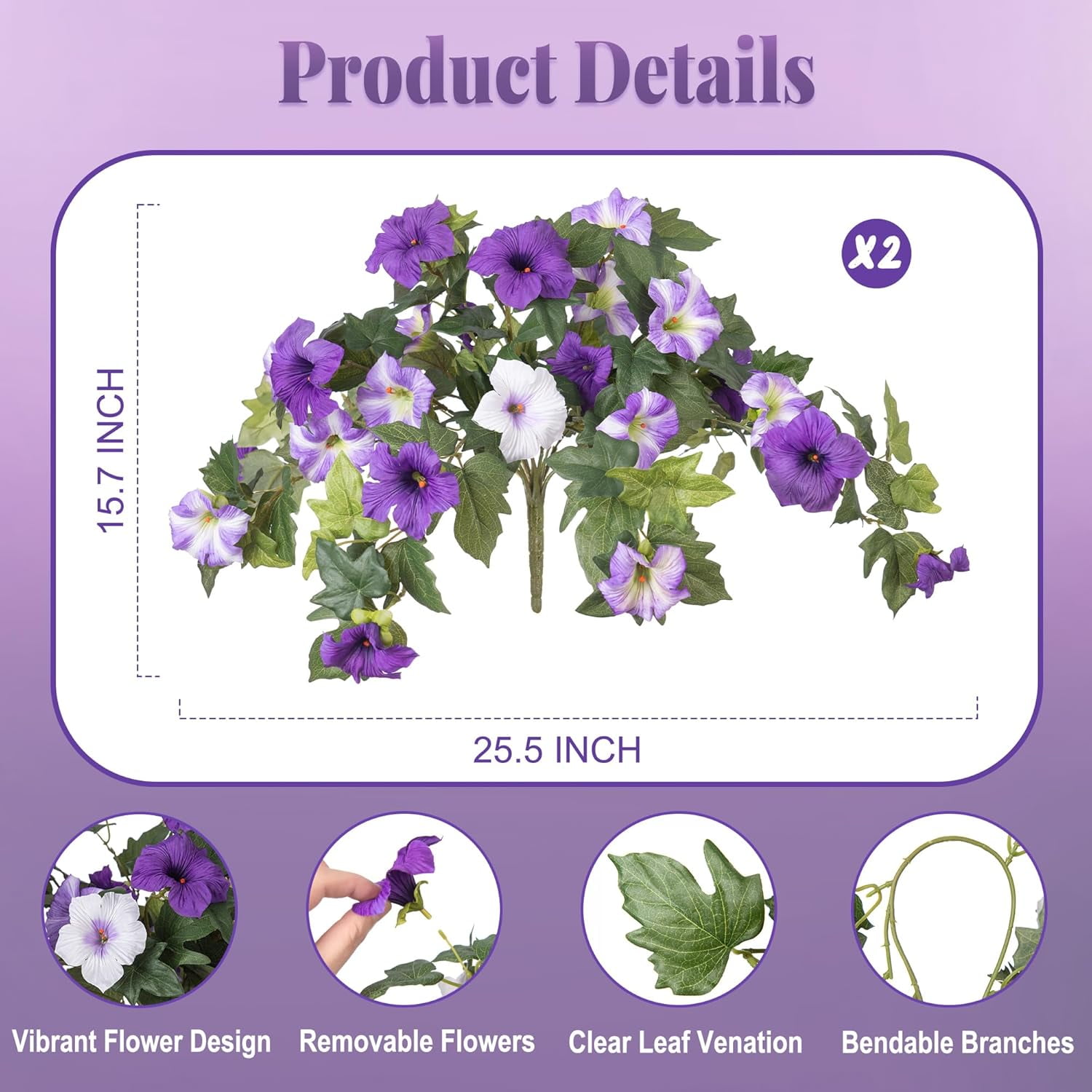 KUNPENG Hanging Basket Window Box Flowers, Mother's Day Garden Decor, Artificial Fake Flowers for Outdoor Decoration, UV Resistant Faux Petunias, Purple White Silk Plants for Porch 3pcs