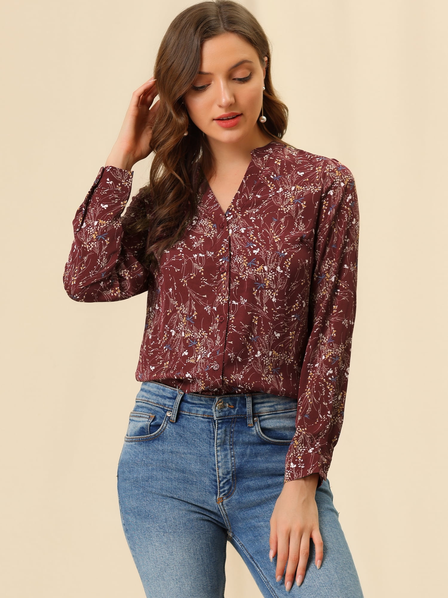 DARING DIVA Women's V Neck Tunic Top Button Up Blouse M Burgundy