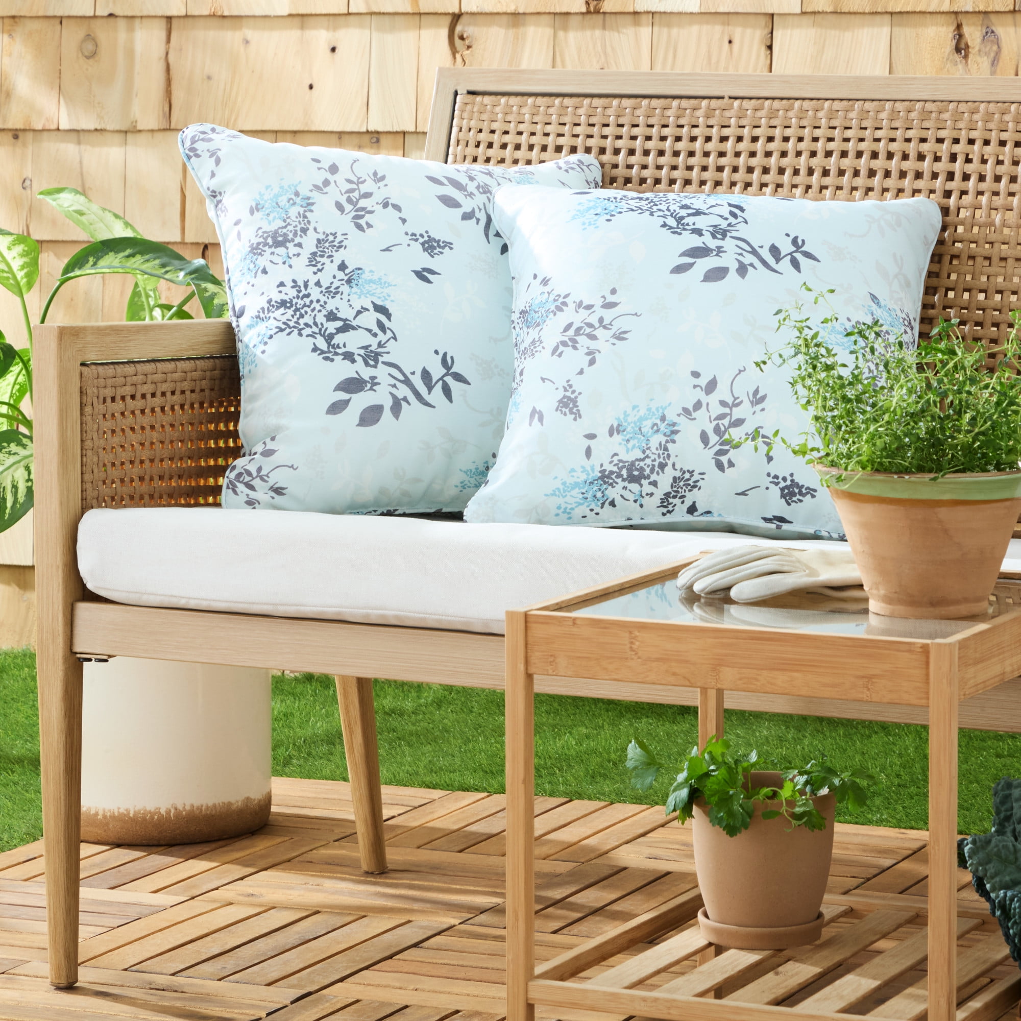 MARTHA STEWART Charming Foliage Indoor Outdoor Decorative Pillow 2-Pack Set, UV Fade Resistant, Water Repellent, Printed Floral Design, Aqua Blue, 18"x18"