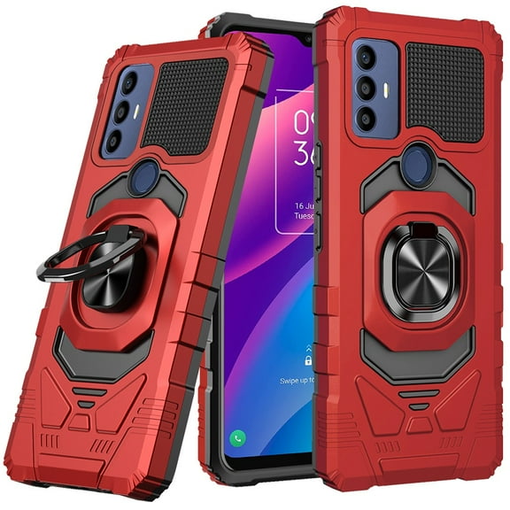 For TCL 30 SE 6165H Robotic Ring Hybrid Kickstand Phone Case Cover - Red