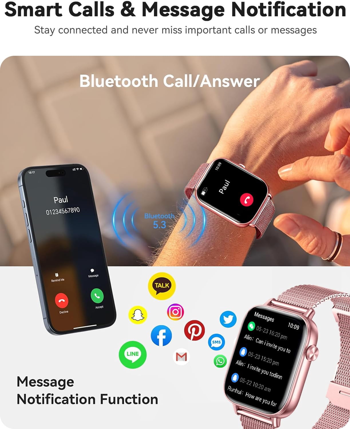 Smart Watches for Women,1.83" HD Fitness Tracker with 2 Bands,Answer/Make Calls Smart Watch,Sleep/Step Tracking,100+ Sport Modes,Smartwatch Android/iPhone Compatible Gift ( Pink)