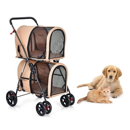 Double Dog Stroller Foldable Pet Stroller for 2 Dogs & Cats Small Medium Sized with Detachable on Wheels Ideal for Car Seat Walking Camping Travel