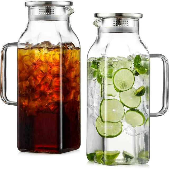 Juego de 2 Jarras de Vidrio Borosilicato Cuadradas de 2 Litros con Tapa y Asa Resistentes al Calor para Frigorífico Té Helado y Café