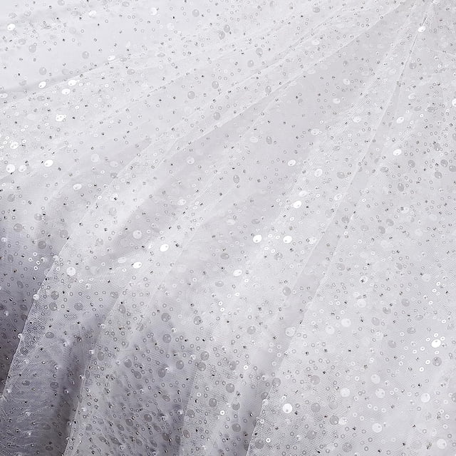 Tela de tul brillante de 63 x 39 pulgadas con lentejuelas y cuentas, cinta blanca, ideal para costura, acolchado, manualidades y decoración de prendas de vestir.