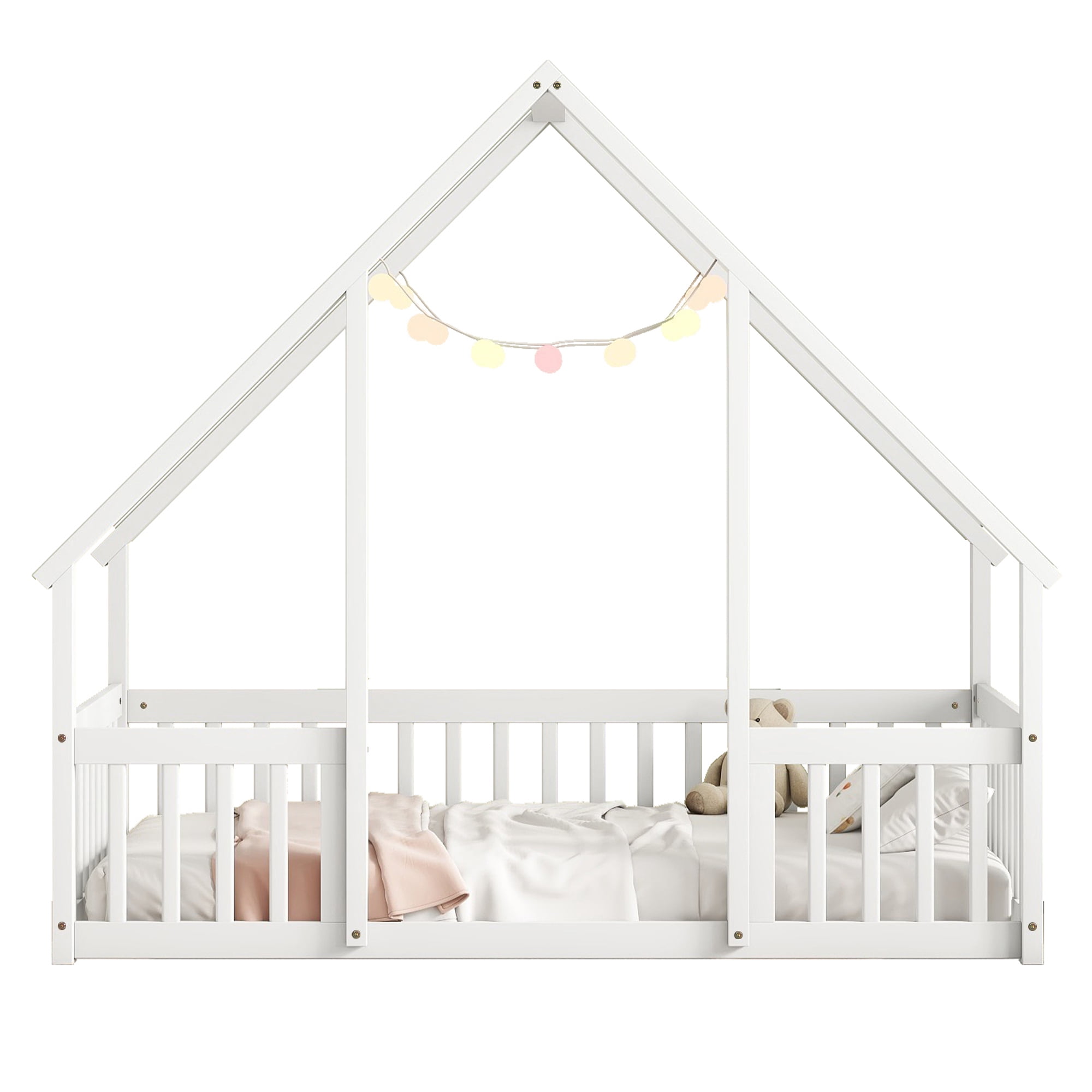 Leumius Twin Wood House-Shaped Floor Bed with Fence, Guardrails for Boys Girls White