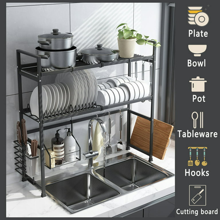 Kitchen Adjustable Large Dish Rack 2-Tier Stainless Steel Dish Drainer  Organization with Utensils Holder