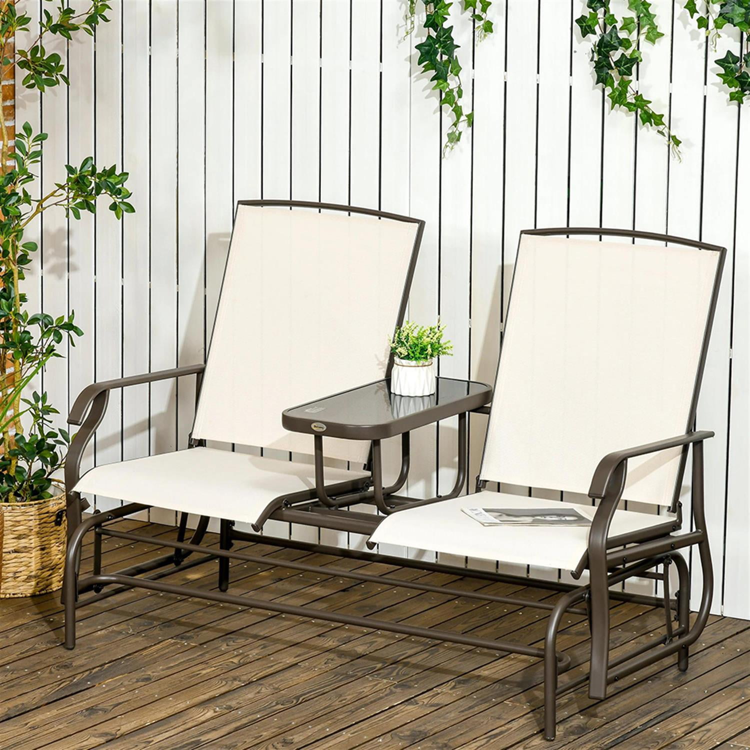 Demi Bonn Outdoor Glider Chairs with Center Table, Metal Frame Patio Loveseat Bench with Breathable Mesh Fabric and Armrests for Backyard Garden Porch, Beige