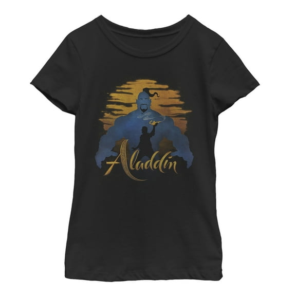 Girl's Aladdin Genie Sunset Silhouette  Graphic Tee Black Small