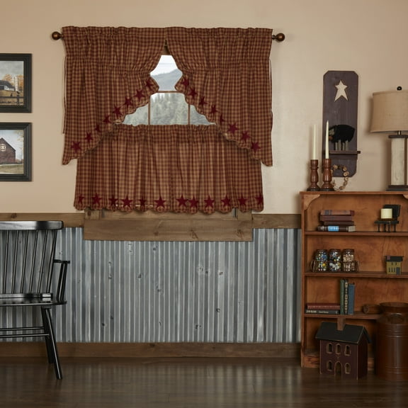 VHC Brands Burgundy Star 4 PC Curtain Set (2 Prairie Swag 36x18 and 2 Tier 24x36)