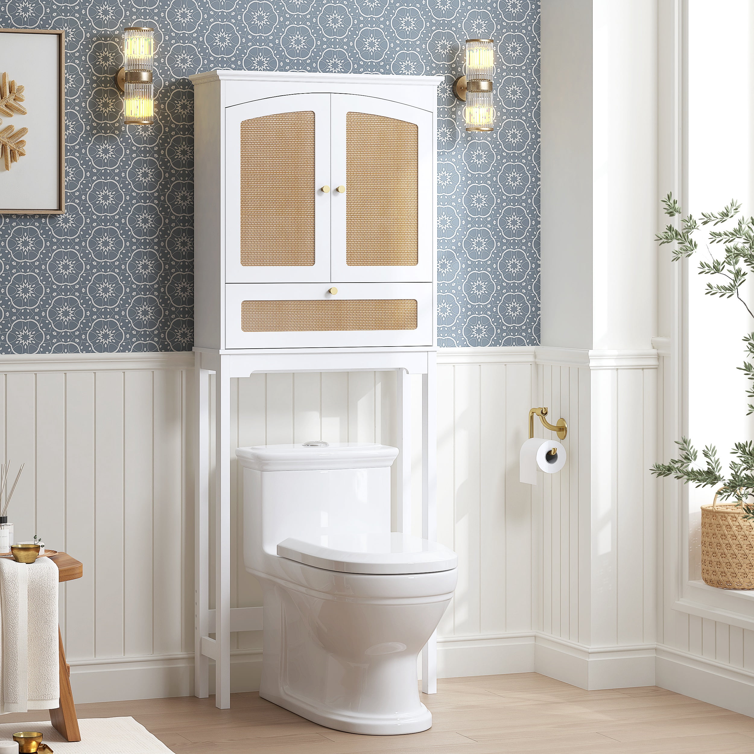 STAROUS Rattan Over Toilet Cabinet:  Bathroom Storage with Tilt-Out Cube & Adjustable Shelf