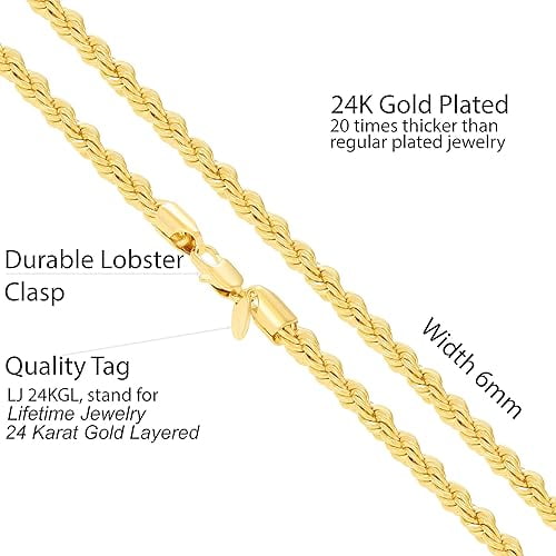 LIFETIME JEWELRY 6mm Rope Chain Necklace 24k Real Gold Plated Women and Men 30 inches