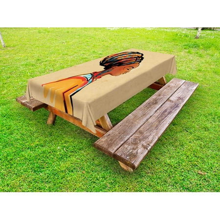 

African Outdoor Tablecloth Ethnic Woman with Exotic Feather Earring and Scarf Zulu Hippie Artwork Decorative Washable Fabric Picnic Tablecloth 58 X 120 Inches Caramel and Marigold by Ambesonne