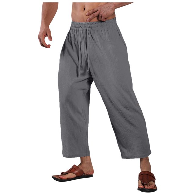 Zszcpp Linen Pants Men Long Brief Style Lace Up Solid Color Breathable Large Pocket Cropped Daily Trousers Casual Trouser