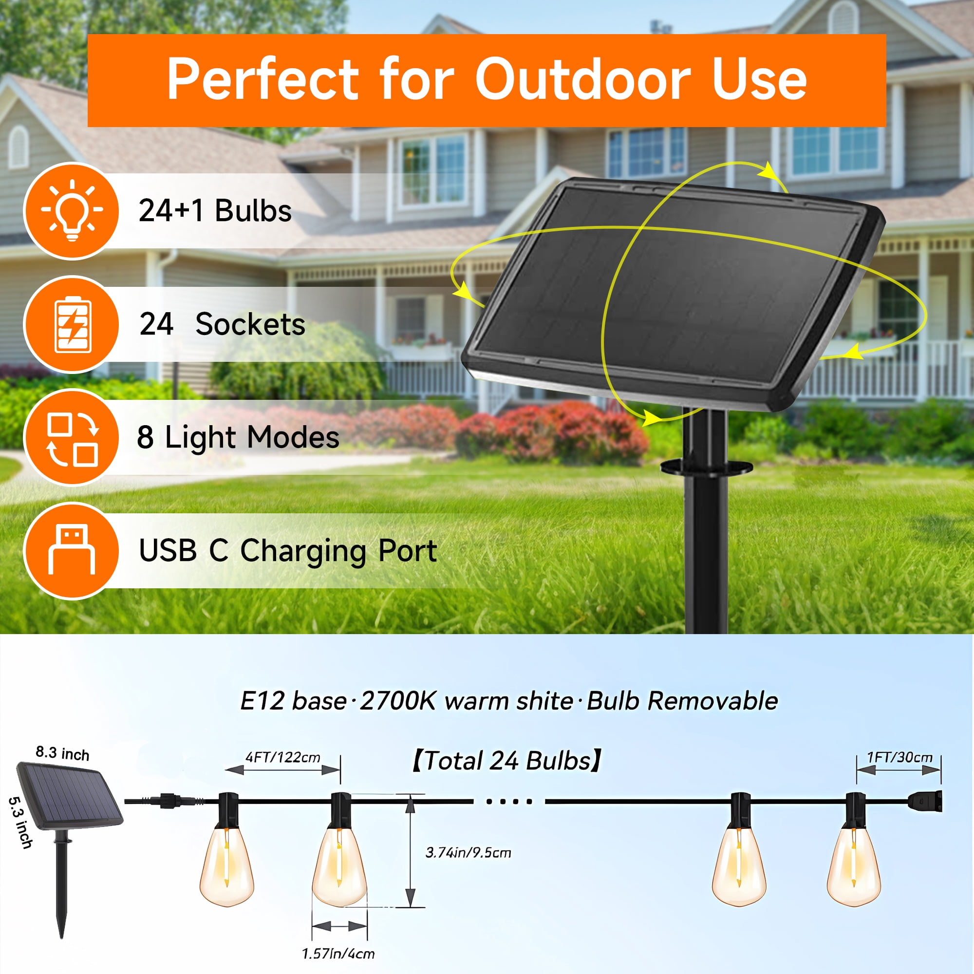 DAYBETTER Solar Outdoor String Lights，100FT Waterproof ST38 Hanging Patio Lights for Yard 25 Bulbs