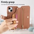 thumbnail image 3 of ELEHOLD Case for iPhone 15, RFID Blocking Zipper Leather Wallet Stand Case with Card Slot & Wrist Strap & Ring Holder,Brown, 3 of 10