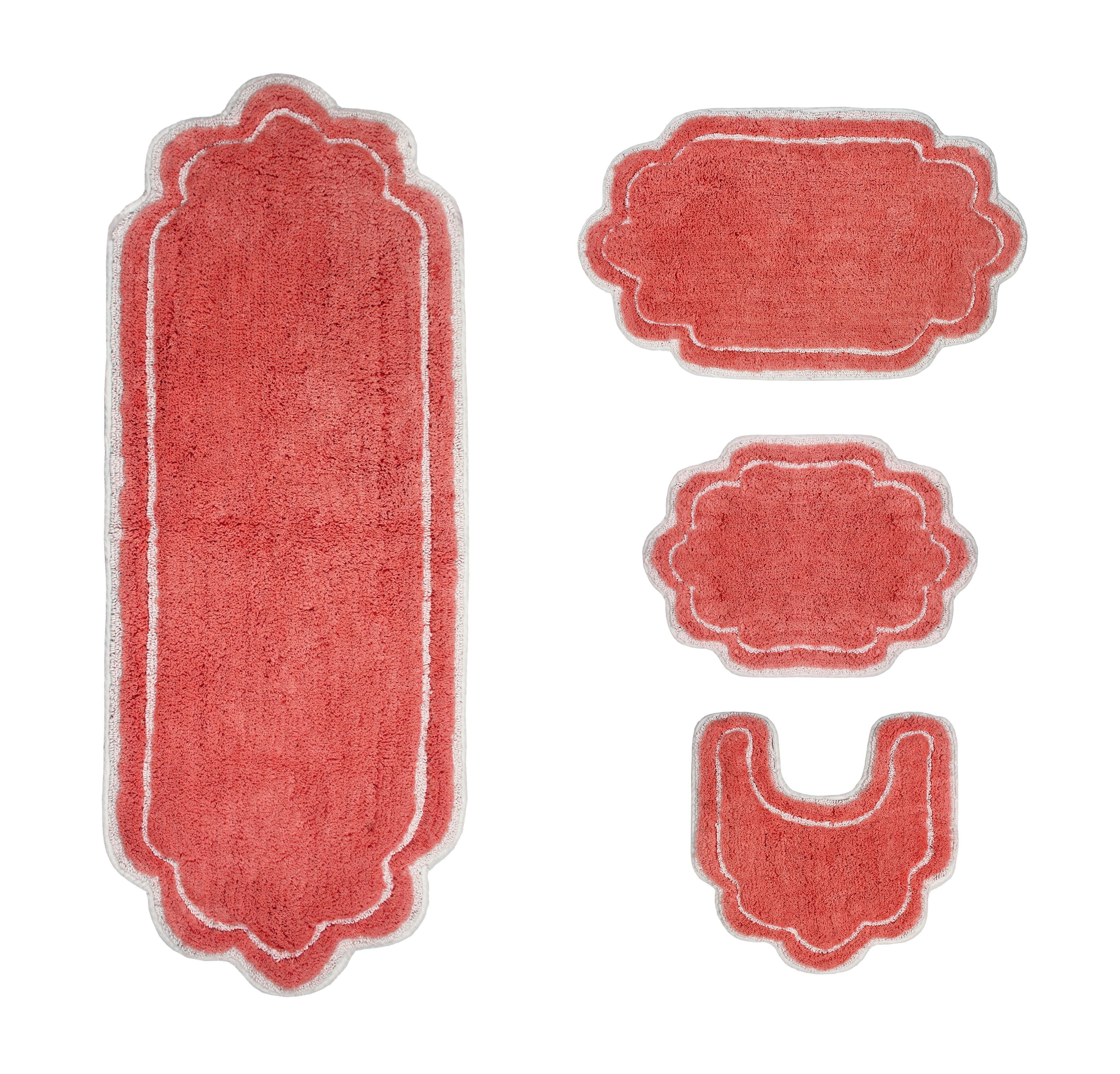 Home Weavers Allure Collection 100% Cotton Non-Slip Bathroom Rug Set Machine Washable Bathroom Rug, Bath Rug, U Shaped Contour, Runner, Coral Color 4 Piece Bath Rug set