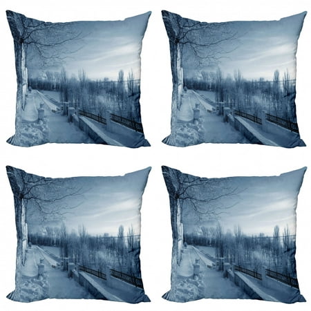 

Winter Throw Pillow Cushion Case Pack of 4 Ice Cold Frozen Snowy Scenery from Castle Like Balcony with Leafless Branches Artwork Modern Accent Double-Sided Print 4 Sizes White by Ambesonne