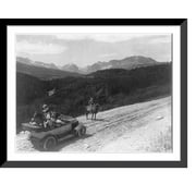 Historic Framed Print, [Mont. - Glacier National Park - looking up the valley of the Swift Current River from auto. road." White auto in foreground]", 17-7/8" x 21-7/8"
