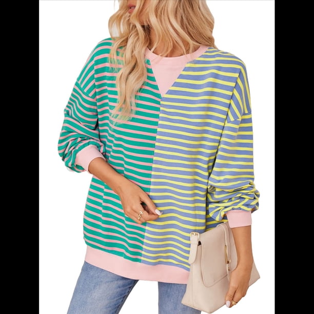 Sudadera Informal de Larga para Mujer, con Bloques de Color, Hombros Caídos, Cuello Redondo y Gran Tamaño. Rosa XL