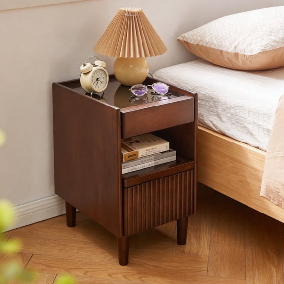 FUNA Solid Rubber Wood Nightstand with 1 Drawer and Open Shelf Walnut Finish Space-Saving Bedside Storage Cabinet for Bedroom Living Room