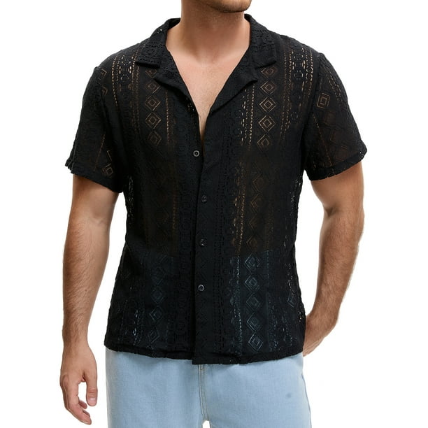 Camisa de Malla INSPIRE CHIC para Hombre con Cuello Camp, Manga Corta, Botones, Camisas de Fiesta Transparentes, Talla L, Negro Oscuro