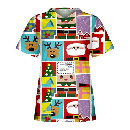 

Honeeladyy Sales Cartoon S_crubs for Womens Tops Cute Christmas Working Uniform Short Sleeve V-Neck T Shirt Workwear with 2 Pockets