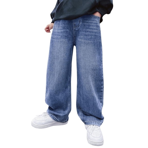 UACY Boys Baggy Jeans Kids Straight Wide Leg Cargo Pants Denim Y2K Teen Casual Loose Elastic Waist Summer Trousers (Blue, 17-18 Years)