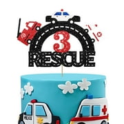 Emergency Vehicle 3rd Birthday Topper, ITL1 Rescue Vehicle Topper for Boy, Fire Truck Police 3 Years Old Birthday Decor, Vehicle Car 3rd Anniversary Party Decoration - Black Glitter