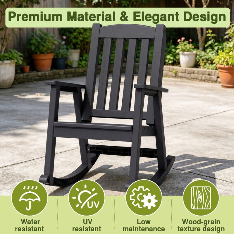 Vineego Oversized Outdoor Rocking Chair Set of 2, Heavy Duty Patio Rocker, All-Weather Resistant Front Porch Lawn Chairs for Outside, Black