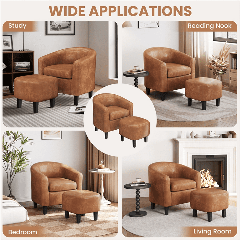 Renwick Barrel Accent Chair with Ottoman, Brown Faux Leather