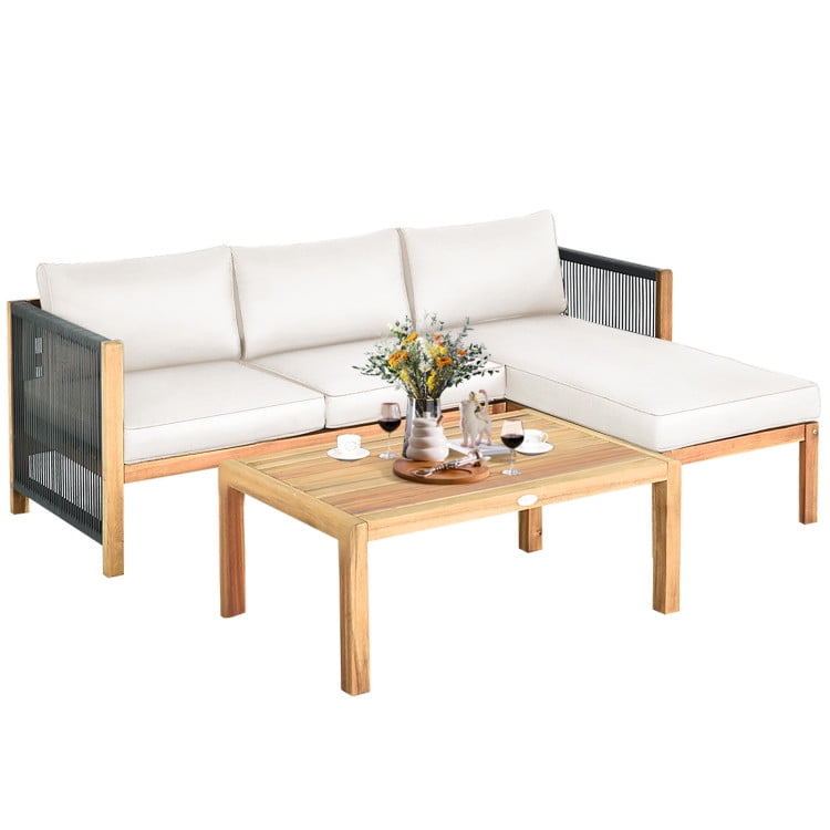 GVN 3 Pieces Patio Acacia Wood Sofa Furniture Set with Nylon Rope Armrest-White, Outdoor Sofa Sectional , Coffee Table for Patio Back Deck, Balcany, Poolside GVN 3 Pieces Patio Acacia Wood Sofa Furniture Set with Nylon Rope Armrest-White, Outdoor Sofa Sectional , Coffee Table for Patio Back Deck, Balcany, Poolside