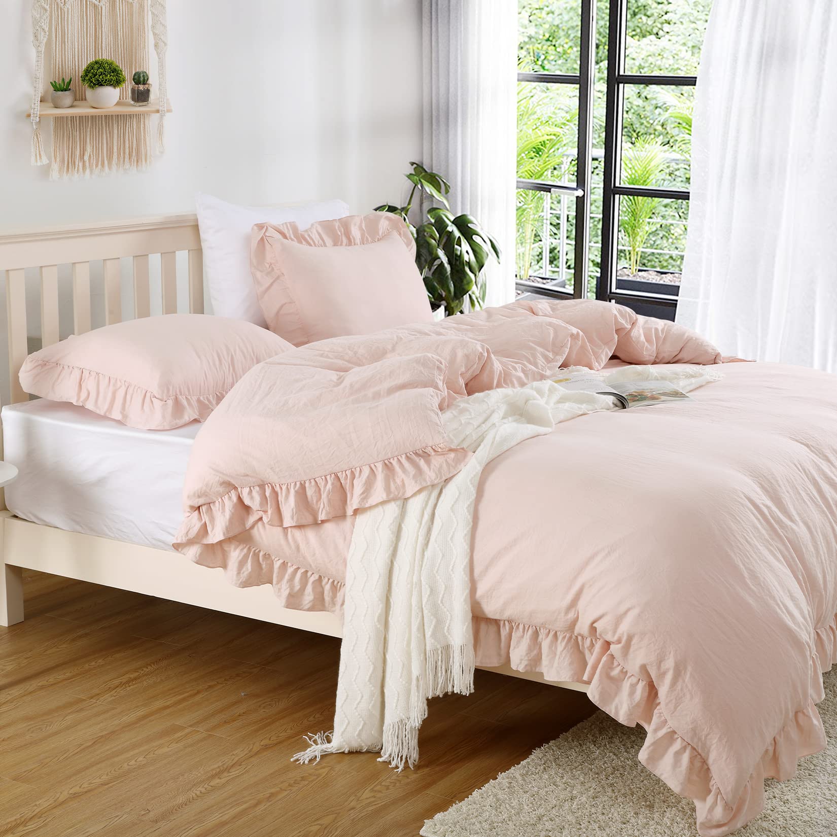 Ruffle Duvet Cover King Size, 3PCS Soft Washed Microfiber Vintage French Country Duvet Cover Set with Button Closure, Pink, 104x90 in