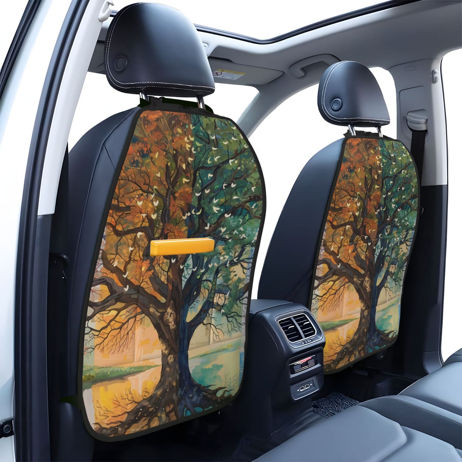 Xecao Seasonal Tree Reflection Pattern Car Seat Back Protector 2 Pack Large Capacity Pocket, Kick Mats Back Seat Protector