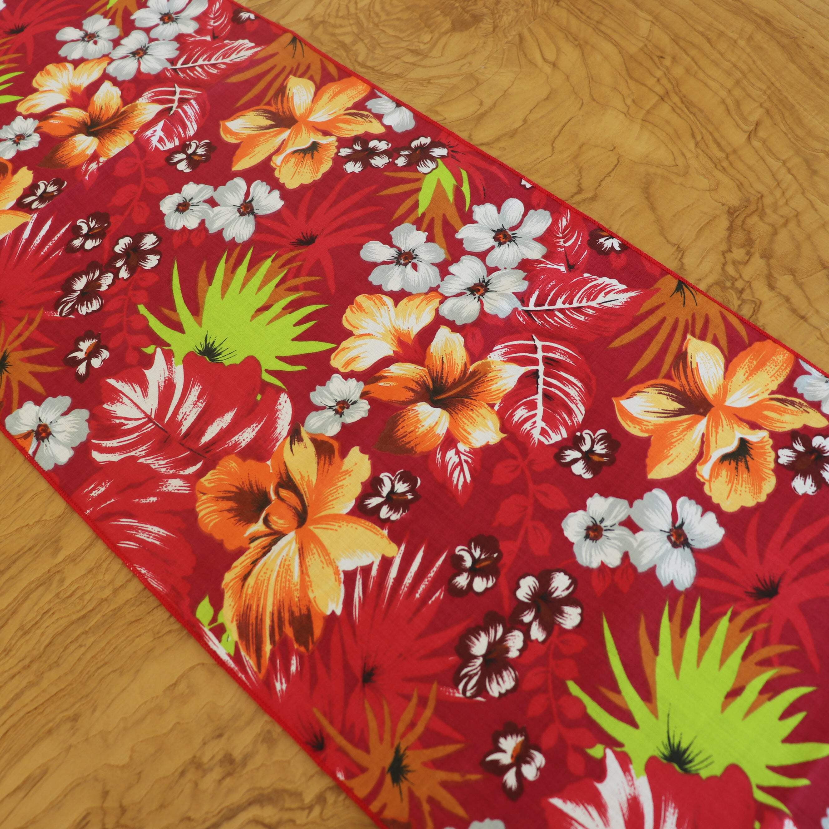 Cotton Print Table Runner Floral Tropical Hawaiian Red