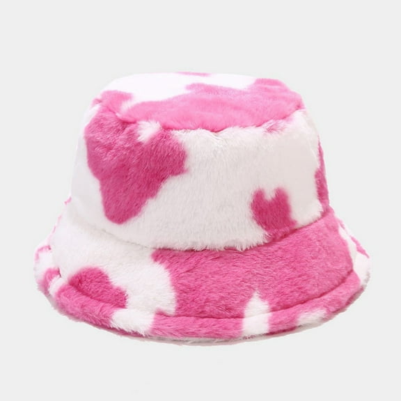 Kiplyki Women's Autumn And Winter Fashion Cow Print Basin Hat Plush Fisherman Hat Warm Hat