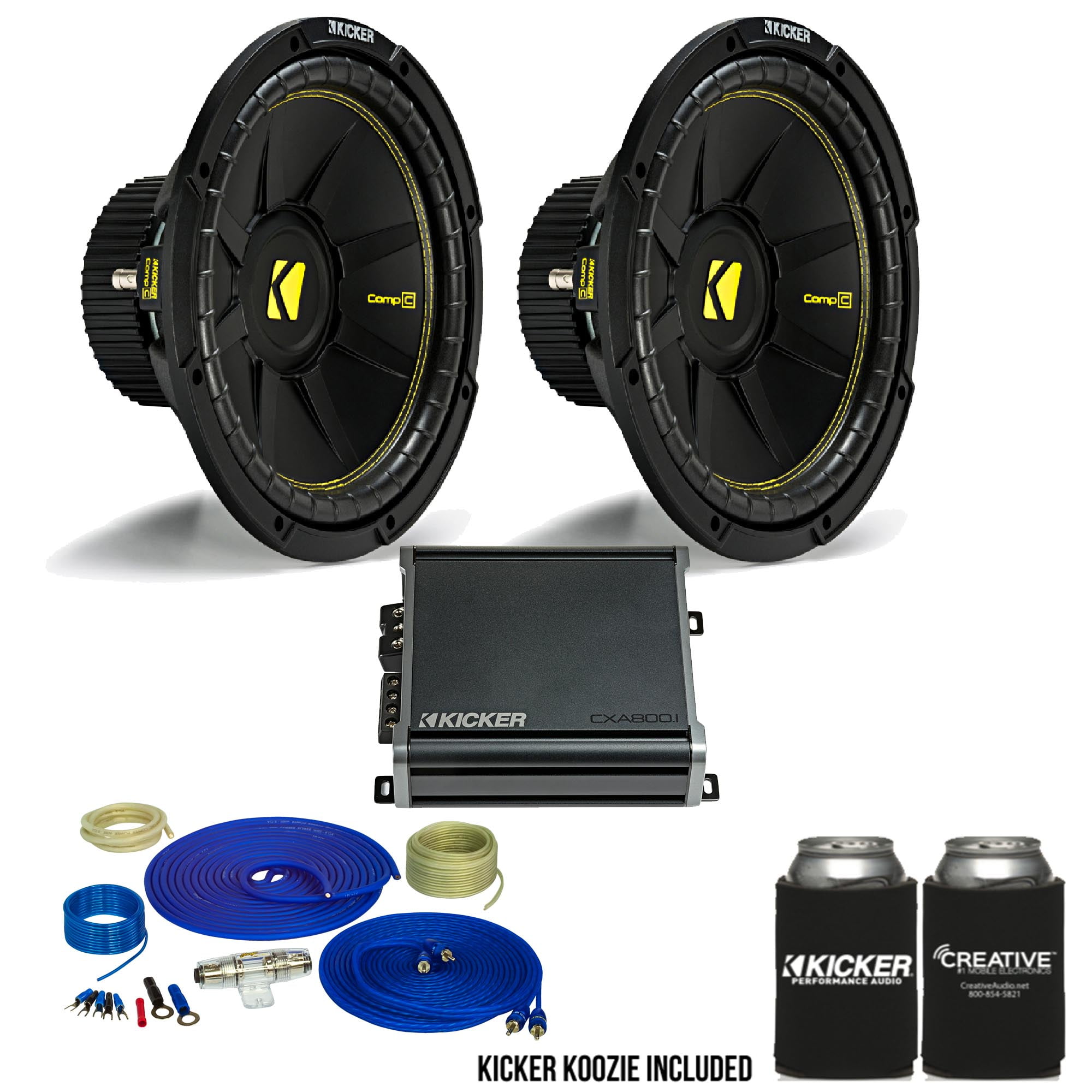 Kicker 12 Inch Bass Bundle 2 44CWCS124 Subwoofers with CXA8001 and amp wire kit