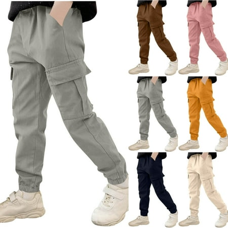Loopsun Boys Cargo Pants Boys Loose Casual Solid Outdoor Long Cargo Pants with Multiple Pockets Gray 12-14 Years